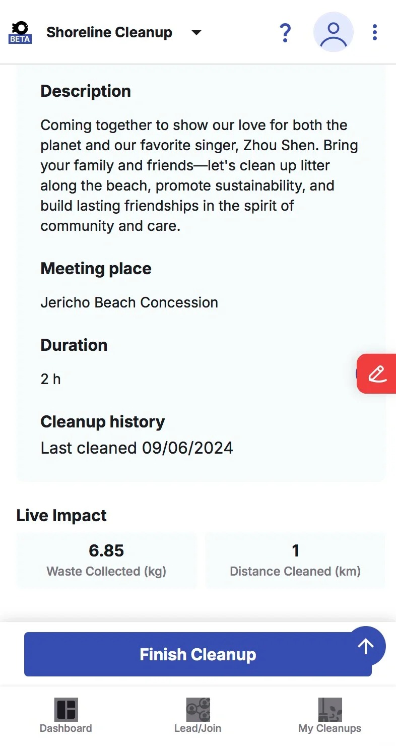 Ocean Wise shoreline cleanup record showing 6.85 kg of waste collected and 1 km cleaned.