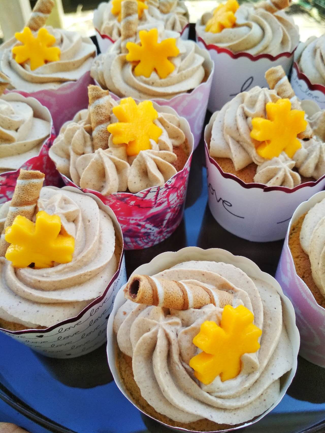 A tray of carefully decorated cupcakes.