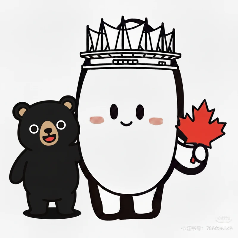 Illustrated mascot holding a maple leaf beside a bear.