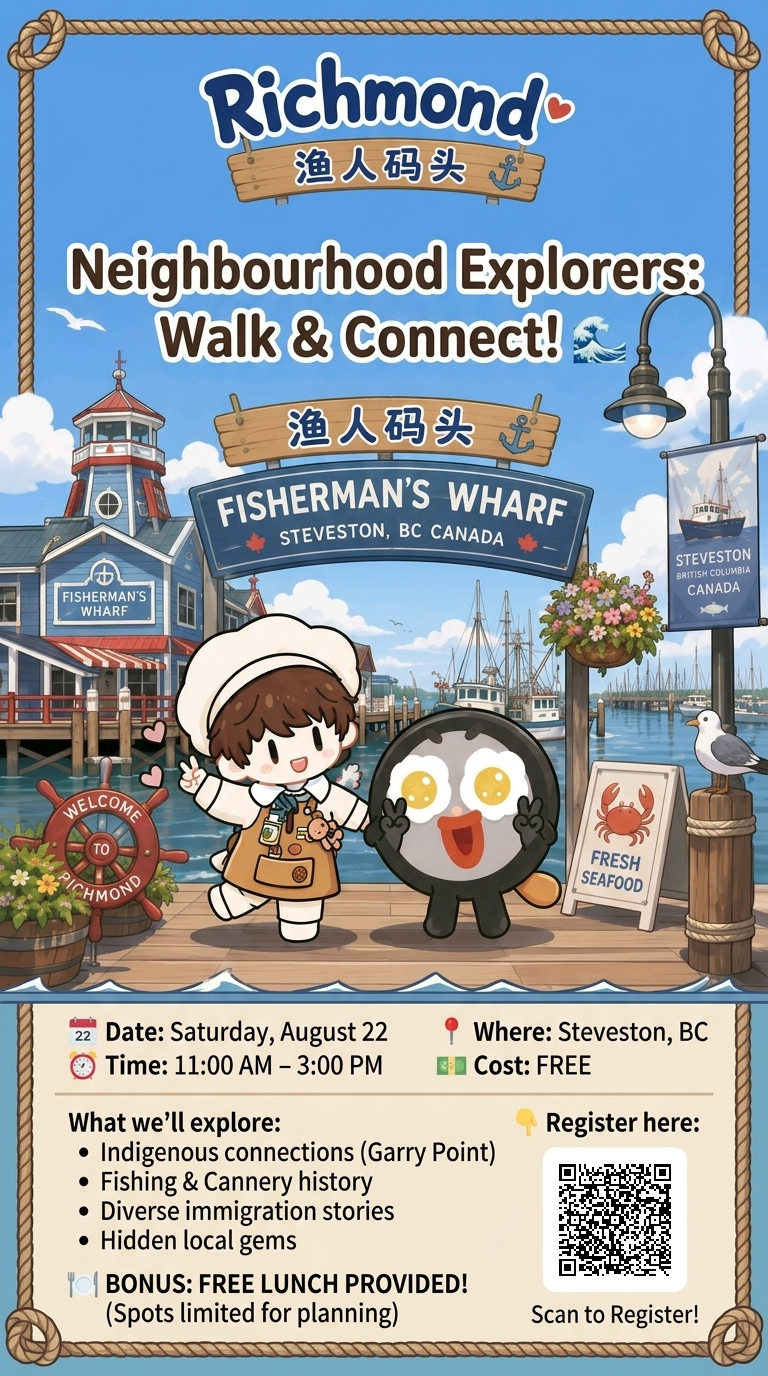 Neighbourhood Explorers: Walk and Connect event poster for Steveston.